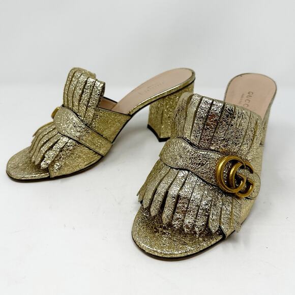 Gucci Shoes - Gucci Marmont GG Mules Gold Leather Sandals